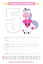 Funny children flashcard number five. Unicorn with hearts learning to count and to write. Coloring printable worksheet for kinderg Royalty Free Stock Photo